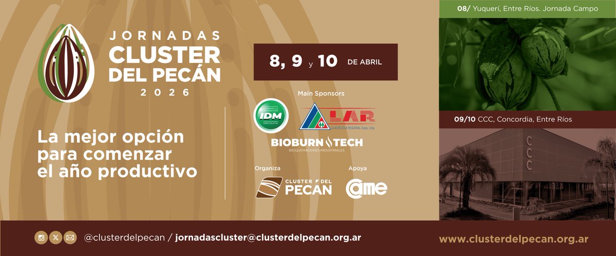 Ya están abiertas las Inscripciones a la Jornada del Cluster 2026! 

📋Formulario de inscripción 👉🏼 forms.gle/CHdWRQwXx5Yncg…

🏨Información sobre hospedajes con descuentos 👉🏼 clusterdelpecan.org.ar/wp-content/upl…

🔗Más info 👉🏼 clusterdelpecan.org.ar/jornada-del-cl…
