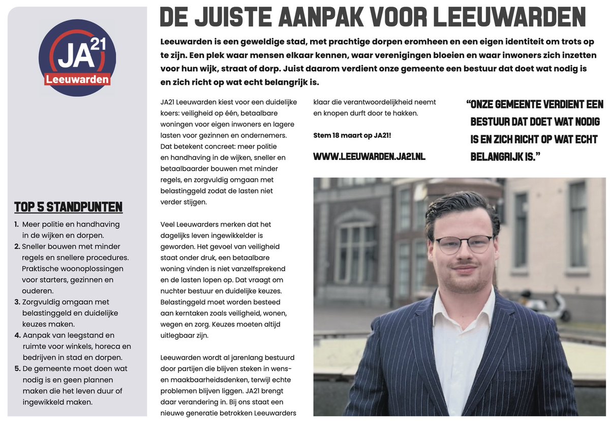 JA21Leeuwarden's tweet photo. Veiligheid op één, betaalbare woningen voor onze inwoners, lagere lasten voor gezinnen en ondernemers. Dat is waar JA21 Leeuwarden voor staat.

Lijsttrekker Ryan Veeman licht onze plannen toe in de Huis aan Huis. 📰👇🏻

#GR26 #JA21 https://t.co/Znu7HwHyUI