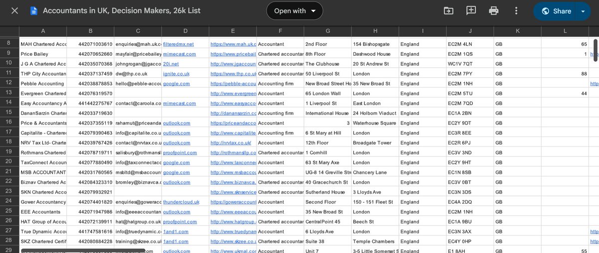 I put together a 26,000+ contact list of ACCOUNTANTS across the UK.

Only decision makers, no juniors, no dead emails, no recycled directories.

Every contact is tagged, and enriched so you can plug it straight into outreach without cleaning anything yourself.

Here’s what’s
