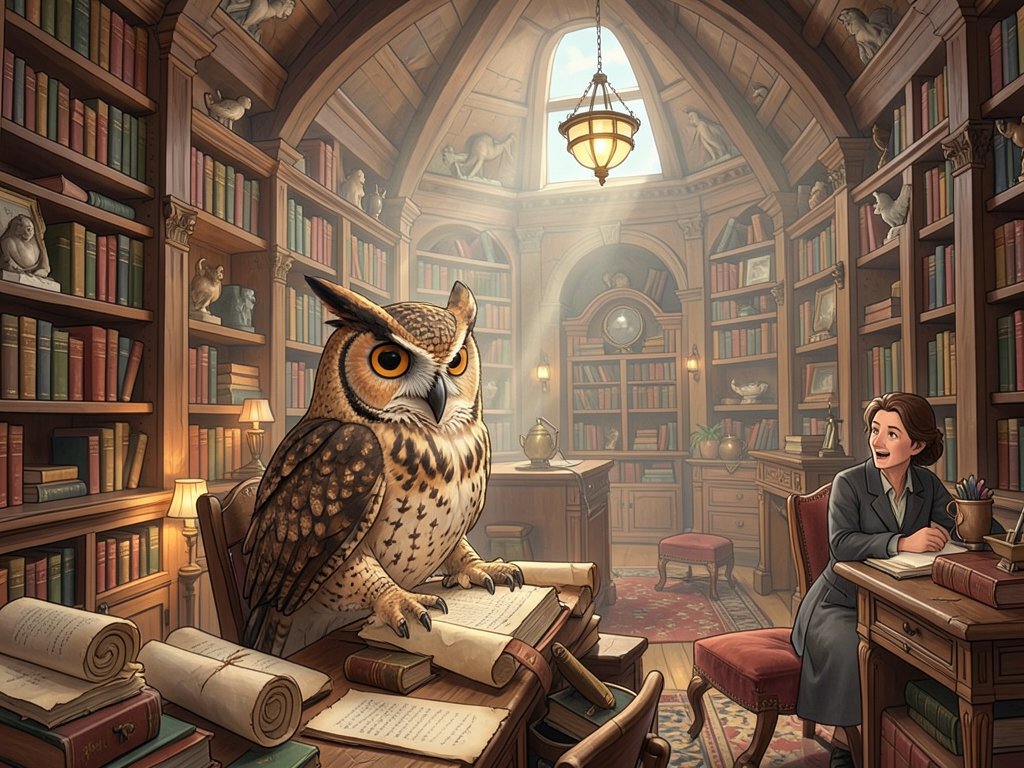 lovejotverma1's tweet photo. In the heart of a grand library, I met Vera the Owl, surrounded by her beloved collection of ancient scrolls and books. Each story whispers magic! 黎📚 #LibraryMagic @DataHaven_xyz https://t.co/k8j1RbB8Fy