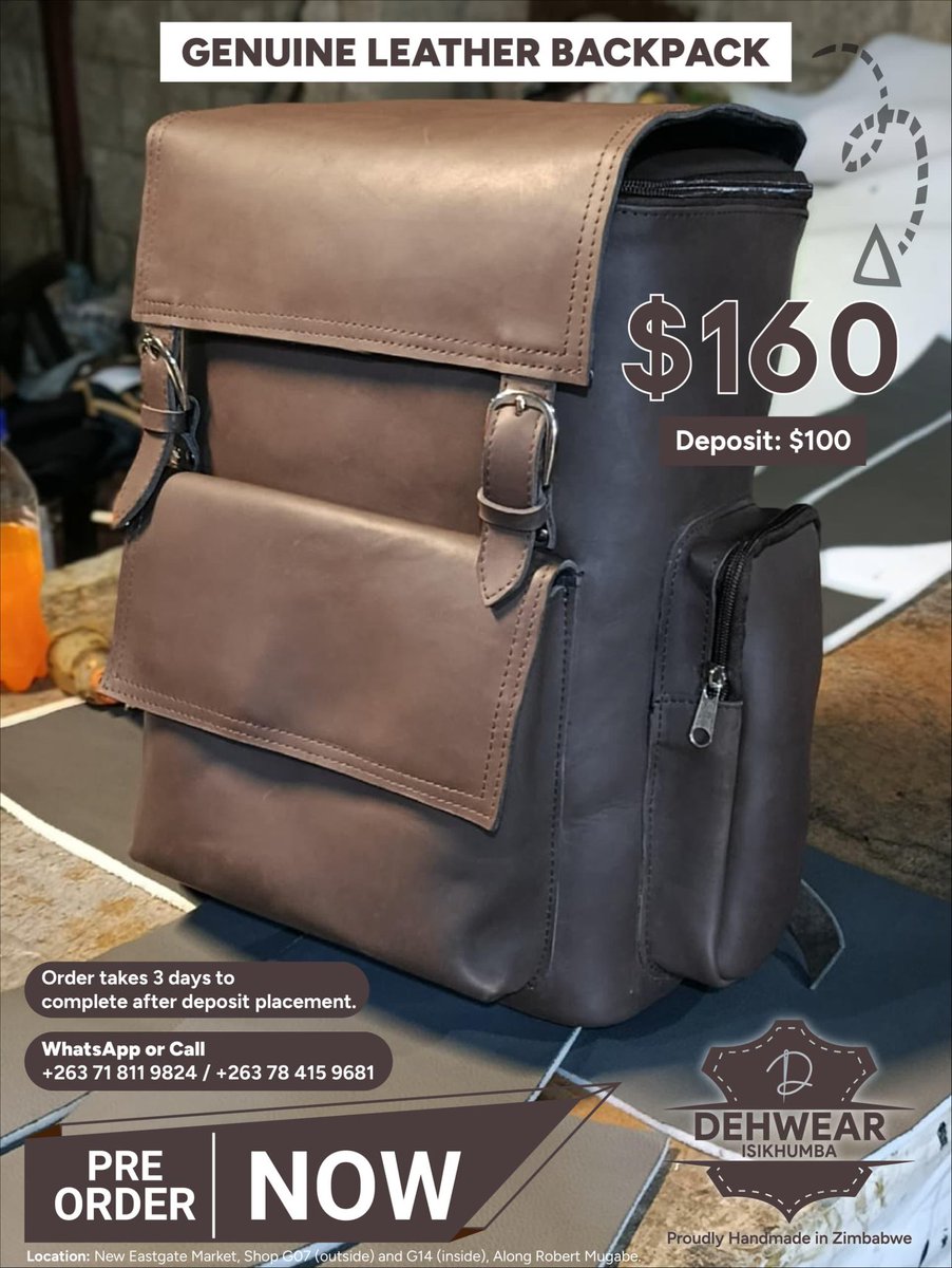 DEHWEAR's tweet image. Dehwear got your back 🎒

Built from genuine leather, this backpack is designed to carry your essentials with style, strength, and confidence.
Perfect for work, travel, or everyday movement — crafted to last and age beautifully with time.

#Dehwear #Isikhumba #LeatherBackpack
