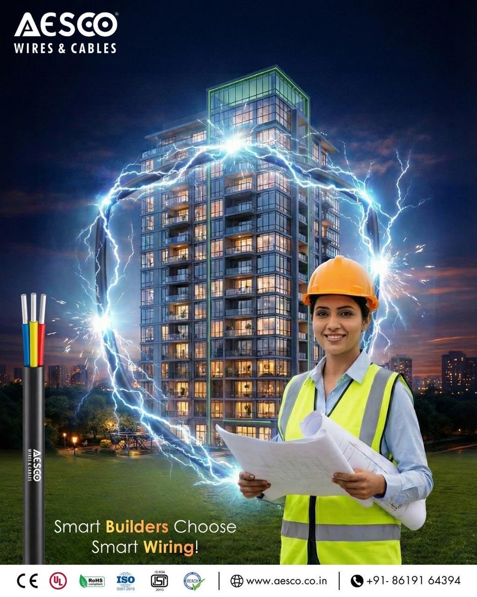 AESCOCABLES's tweet image. Smart construction begins with smart wiring. ⚡🏢

When safety &amp;amp; reliability matter, builders trust AESCO Wires &amp;amp; Cables.

1.1kV PVC Insulated Aluminium Unarmoured Twin, 3 &amp;amp; 4 Core as per IS 694

Smart Builders Choose Smart Wiring.

#AescoCables #SmartWiring #ElectricalSafety