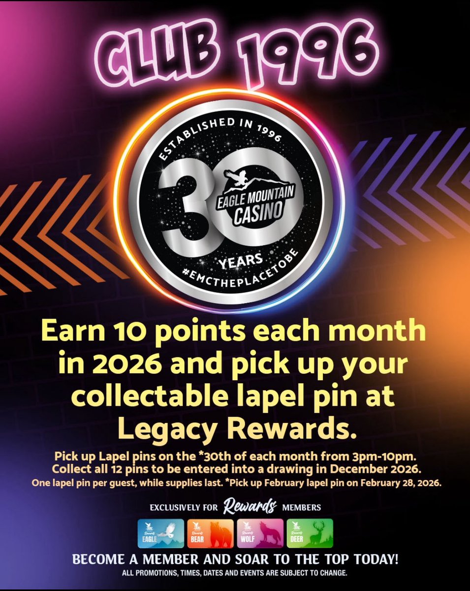 EagleMtnCasino's tweet image. Join Club 1996 and receive your collectible lanyard and pin to celebrate our 30th Anniversary! Collect all pins each month and enter to win big on NYE December 31, 2026! 

#EMCThePlaceToBe #EMC30Years