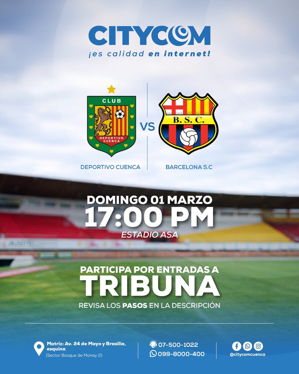 🤩⚽️ 🛜 ¡Citycom te lleva al estadio!

Son 2 tribunas 🎟️🎟️ 😱

1️⃣ Dante RT a este post  🔄
2️⃣ Responde con tus nombres completos y la frase “Citycom es calidad en internet”

⚠️ Sorteo el domingo a las 10:00. ¡Pilas a las notificaciones!

#DCuenca #BarcelonaSC #LigaPro