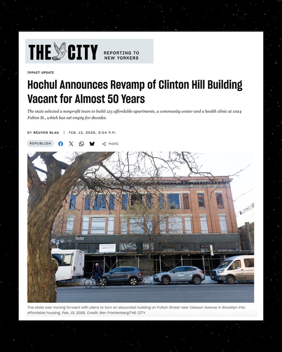 BIG WIN for Brooklyn! 👏 NY chose a nonprofit team to turn long-abandoned 1024 Fulton Street in Clinton Hill into 100% affordable housing, a preview of what the Social Housing Development Authority could do statewide.

Join us to #HouseTheFuture: actionnetwork.org/forms/gsh-nyc-…