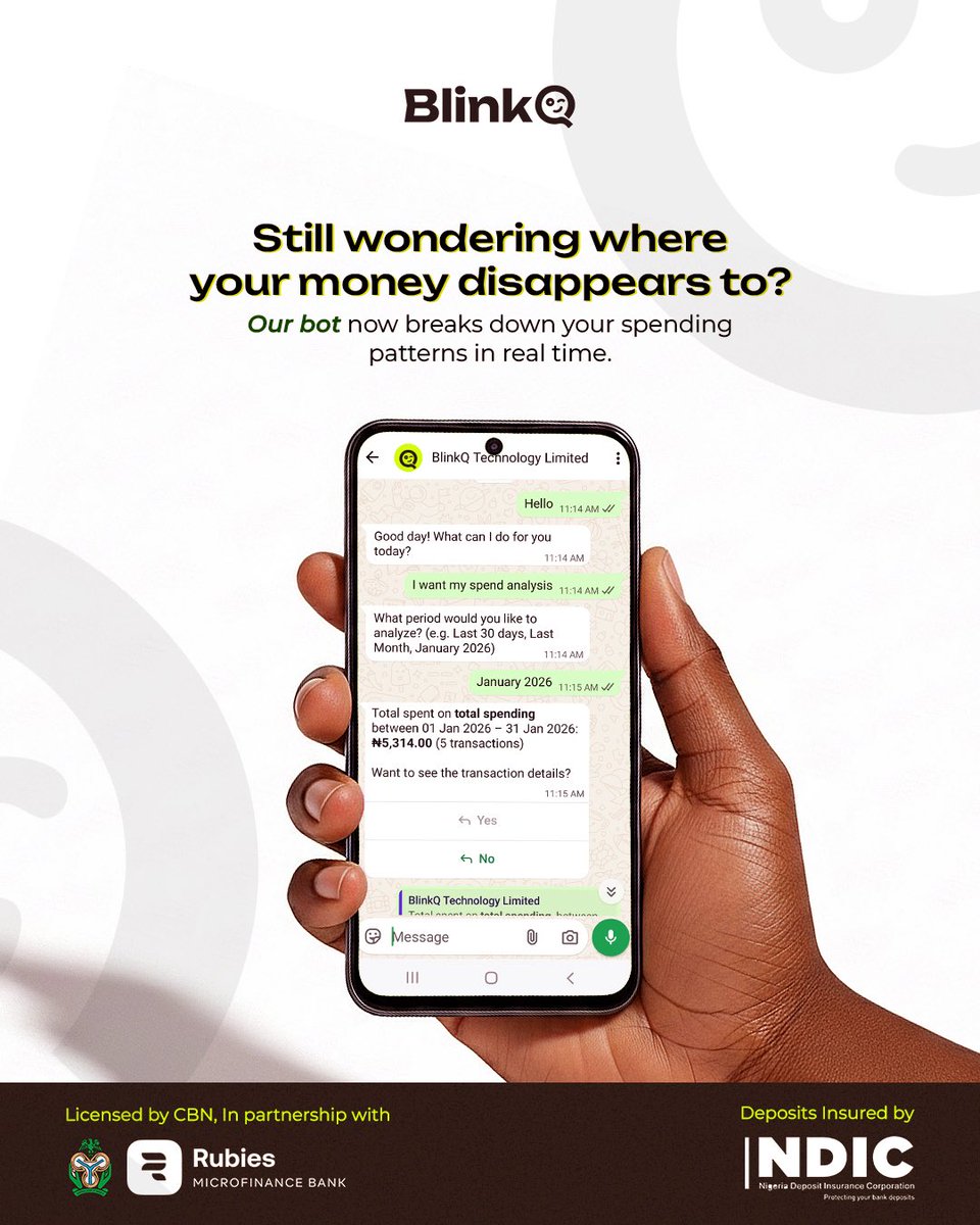 BlinkQ_'s tweet photo. After salary week, you will wonder where your money went🫡

Subscriptions here. Transfers there. Small small spending that adds up fast.😪

Now imagine completing all your transactions on WhatsApp and tracking your spending in real time.🤭 https://t.co/f11ZkCkXbV