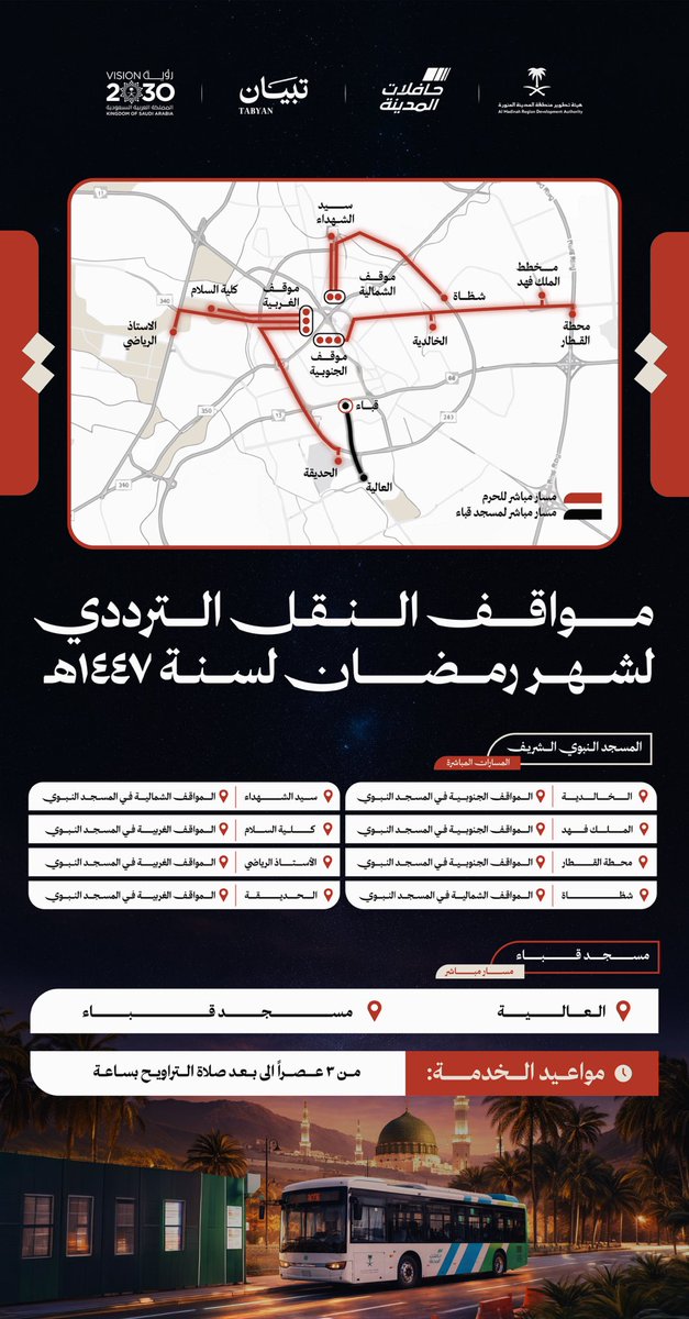 TABYAN_MD's tweet photo. خدمة #النقل_الترددي في المدينة المنورة خلال شهر #رمضان 1447هـ، لتسهيل الوصول إلى #المسجد_النبوي عبر مسارات مباشرة من عدة أحياء ونقاط رئيسية.

تبدأ الخدمة من الساعة 3 عصرًا وحتى بعد صلاة التراويح بساعة،لتيسير حركة المصلين والزوار بكل يسر وانتظام https://t.co/QsFE68dpvm