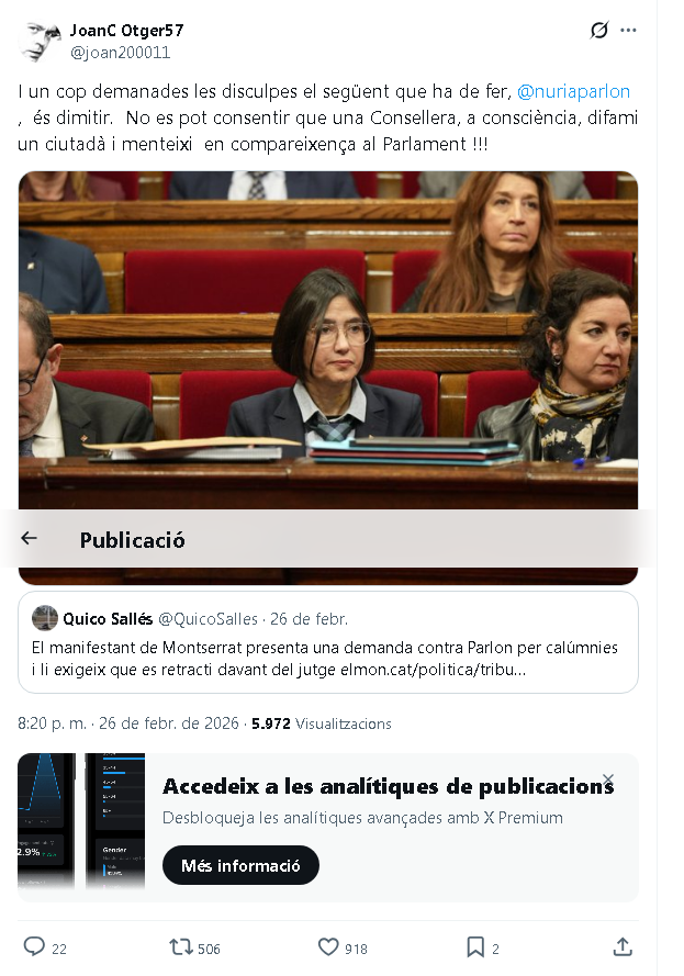Aquest piulada té 506 retuits i pujant, gràcies. Entre tots hem avergonyit la nena capritxosa de <a href="/nuriaparlon/">Parlon #apeudecarrer #interioriseguretatpública</a> . No podem permetre el desvergonyiment amb què l'actuen els polítics, i han de ser senyalats, sens dubte, amb el dit acusador del poble !!!