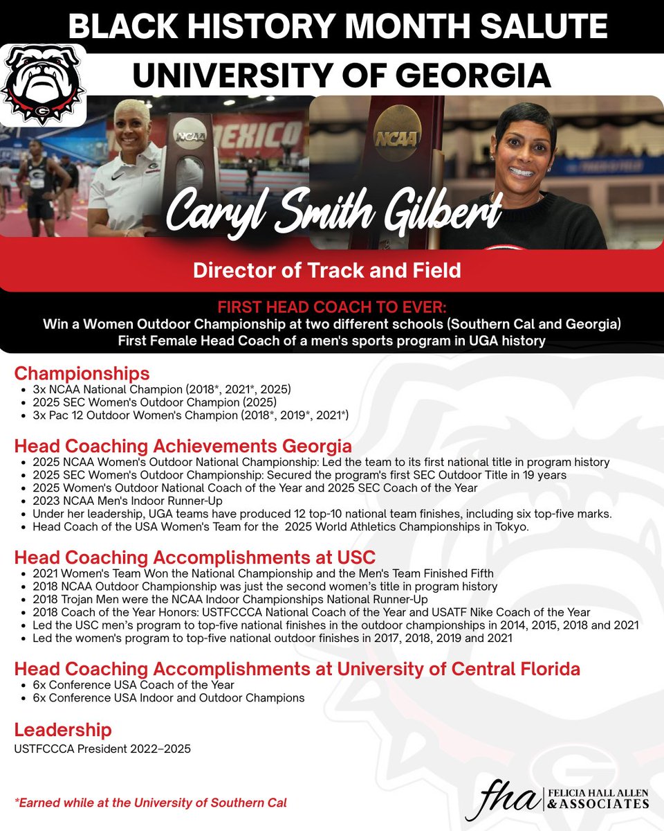 fhallallen's tweet photo. Saluting @coachcarylsg , Director of Track &amp; Field @UGATrack  — a trailblazer, culture-shifter, and championship architect. #BlackHistoryMonth #CarylSmithGilbert #TrackandField #GeorgiaBulldogs #WomenWhoLead https://t.co/xLJhVxeozd