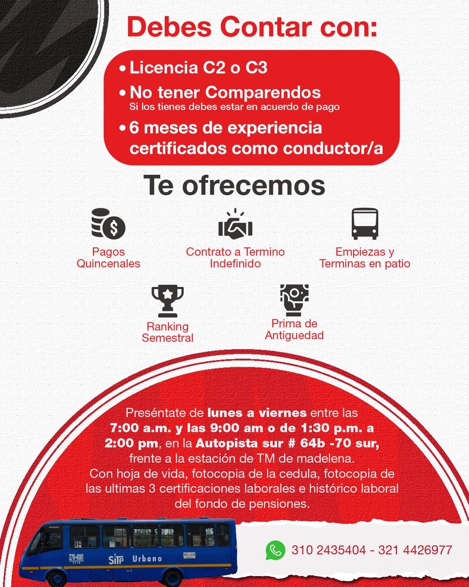 🚌 ¡Haz parte de ETIB como Operador(a)!

Si buscas estabilidad laboral, crecimiento profesional y nuevos retos, esta es tu oportunidad.

💰 Ingreso promedio mensual: $2.880.000 durante los primeros seis meses.