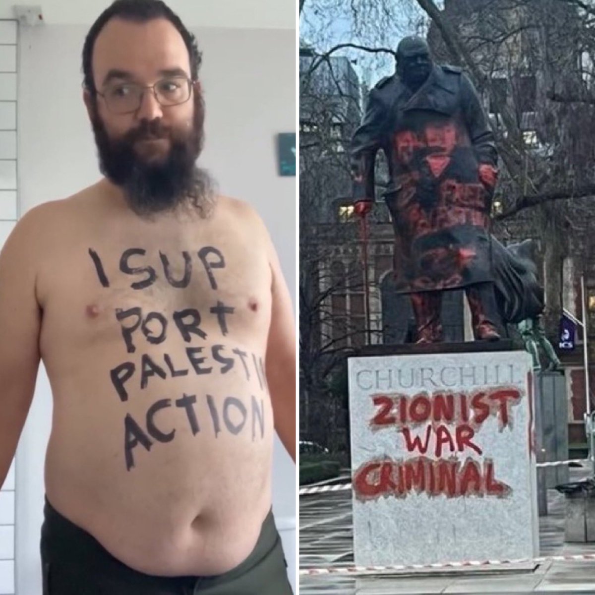 Nederlandse activist Olax Outis (schuilnaam) bekladt standbeeld Winston Churchill in Londen