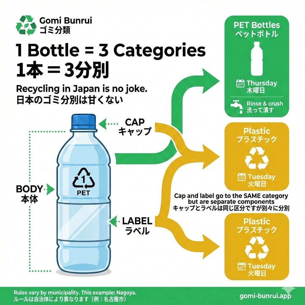 Recycling in Japan is no joke. 🇯🇵

One PET bottle = 3 sorting steps:
Cap → Plastic (Tuesday)
Label → Plastic (Tuesday)
Body → rinse, crush → PET Bottles (Thursday)

And that’s just Nagoya. 1,741 cities. All different rules.

gomi-bunrui.app

#aideas-2025 #BuildOnAWS