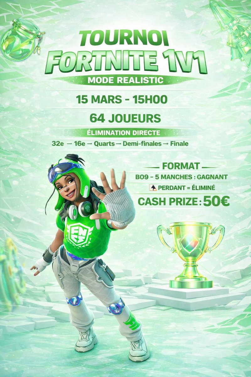 ArenallOff's tweet photo. 🎮 TOURNOI FORTNITE 1V1 – MODE REALISTIC

📅 15 mars – 15h00
👥 64 joueurs
⚔️ Élimination directe (BO9 – 5 manches gagnantes)
❌ Perdant = éliminé
💰 Cash Prize : 50€
Viens prouver que tu es le meilleur en 1v1 et repars avec la victoire ! 🔥
#Fortnite #Fortnite1v1 #FortniteTournament #ModeRealistic #TournoiGaming #CashPrize #GamingEvent #FortniteFR