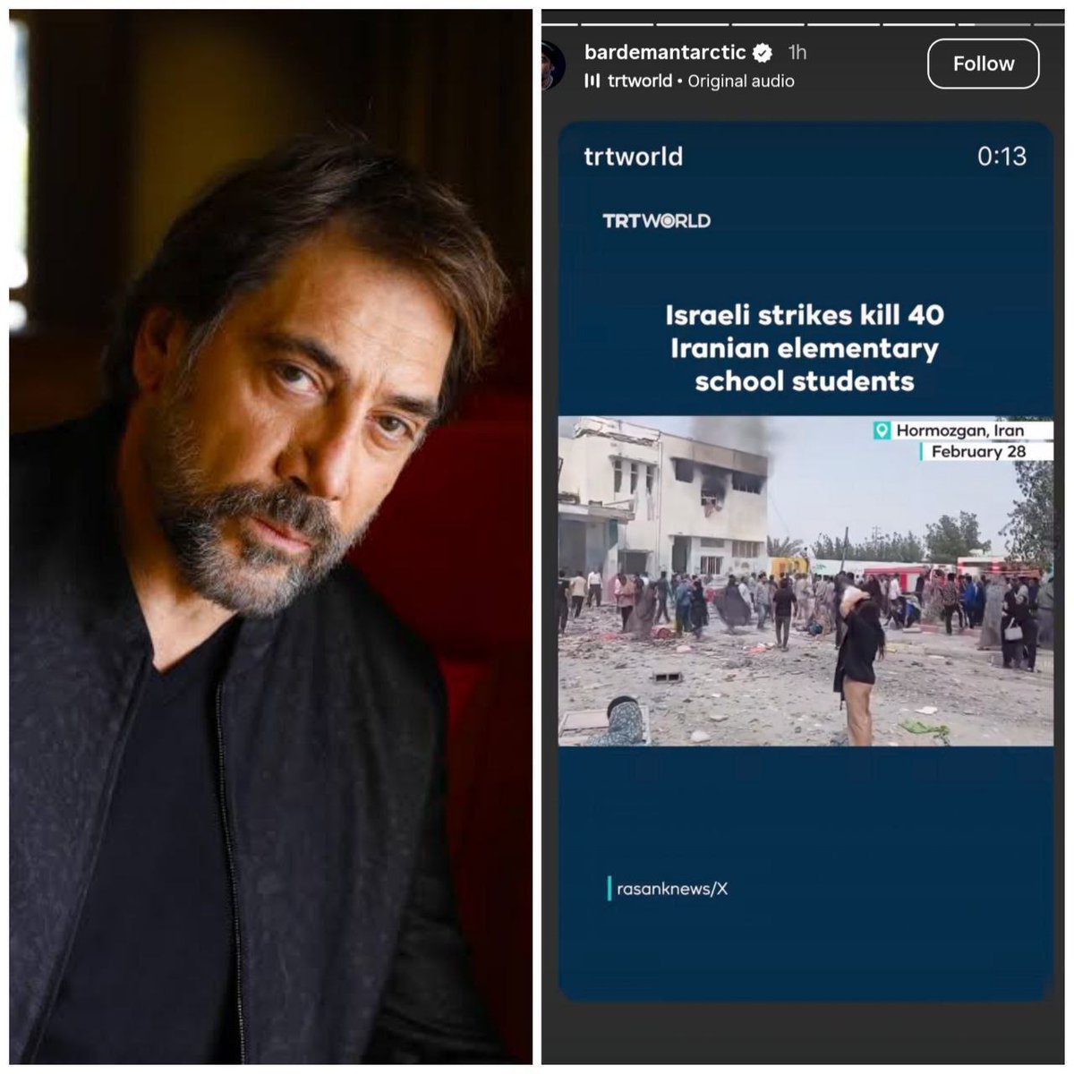 "خافير بارديم" الممثل الإسباني المناصر للقضية الفلسطينية والحائز على جائزة الأوسكار، ينشر عبر حسابه عن مجزرة المدرسة في إيران بالقصف الأميركي- الإسرائيلي