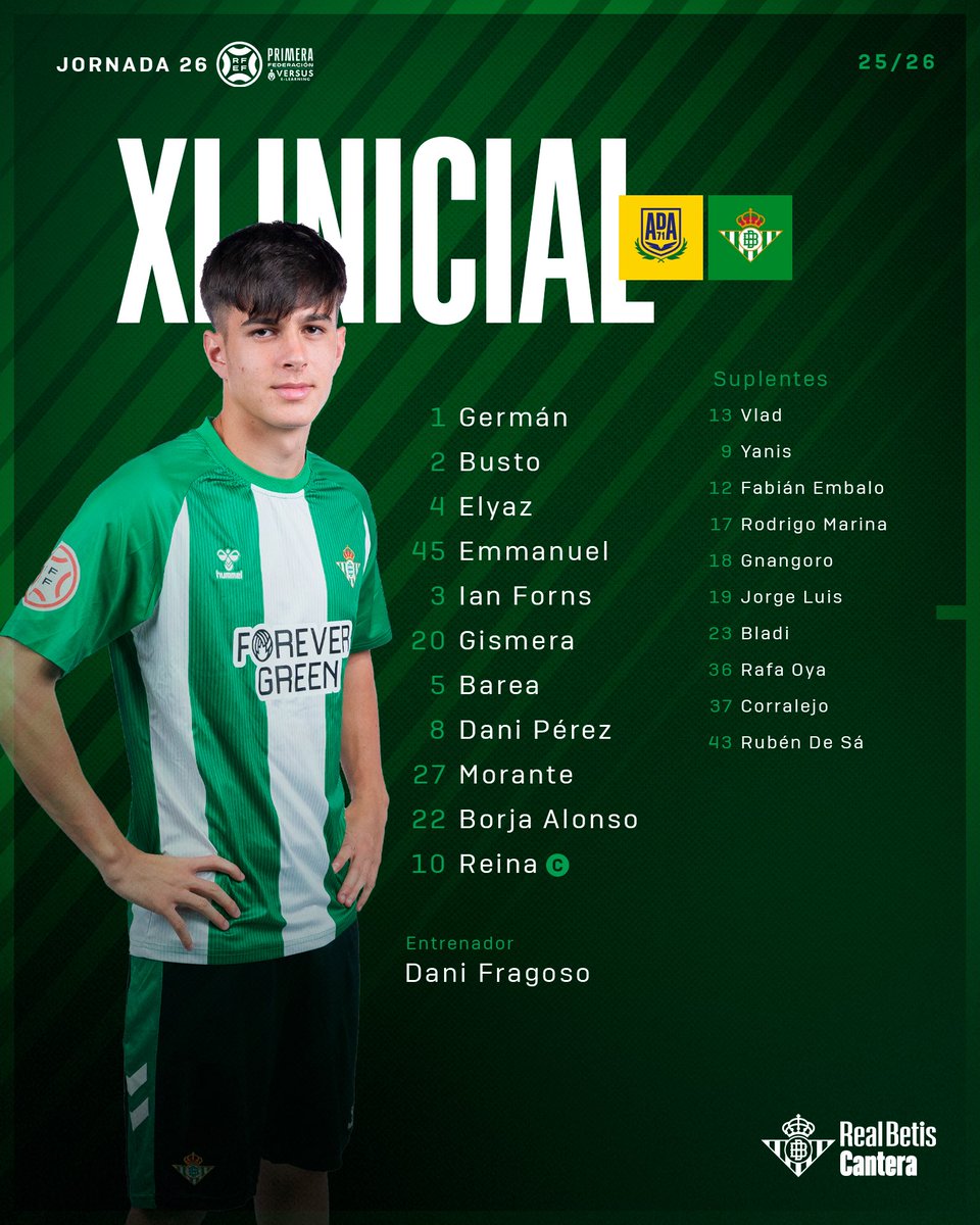 RBetisCantera's tweet photo. 💚🙌⚽

¡Este es nuestro once inicial para visitar al @AD_Alcorcon!

🚑 Sosu, Moha, Toral, Masqué y Manu González son bajas por lesión.

🟥 Oreiro y Sorroche son bajas por sanción.

#BetisDeportivo #CanteraBetis https://t.co/Wk5AaauHBZ