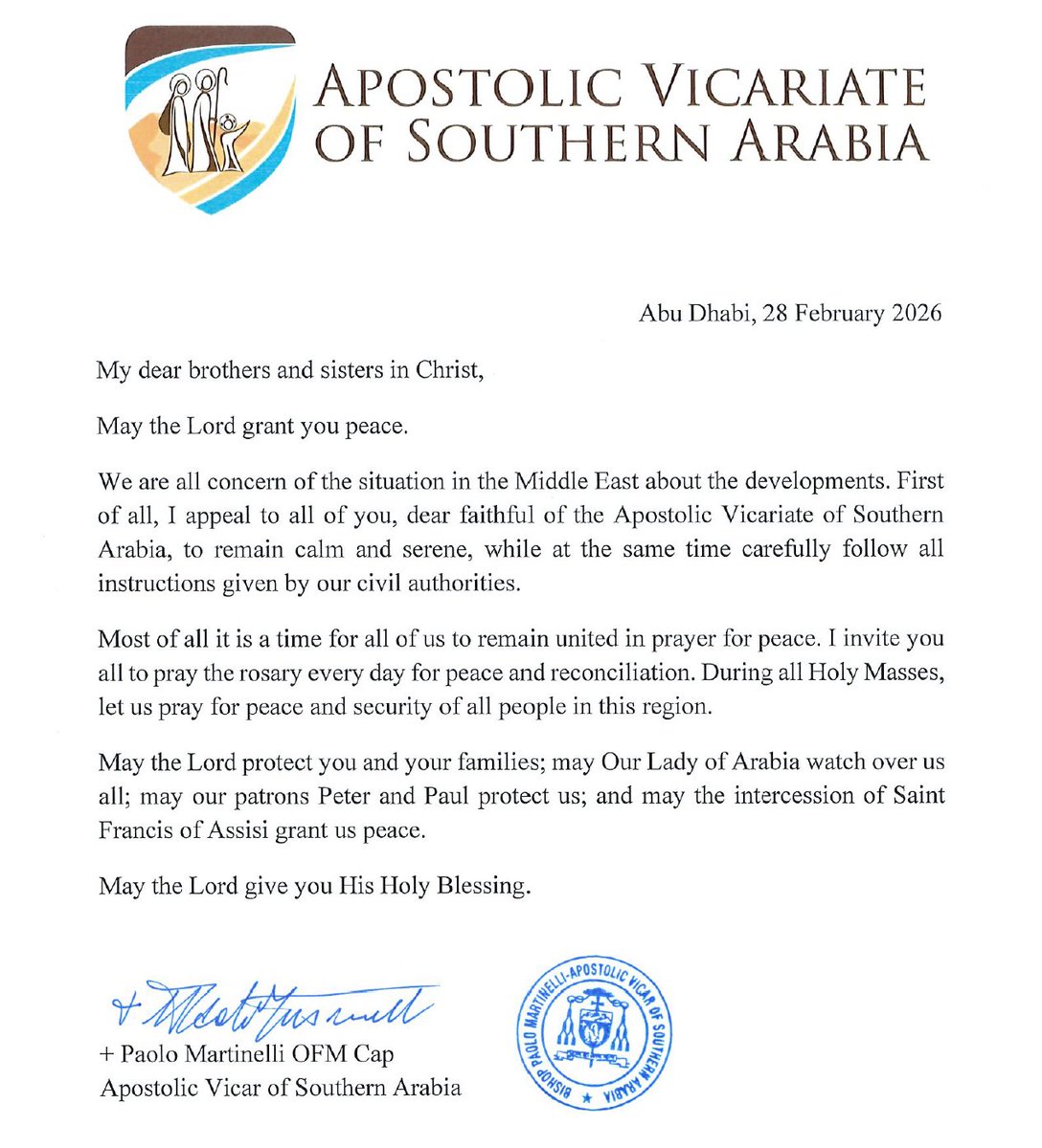 In light of the recent events in the Middle East, Bishop Paolo has issued a message to all the faithful of AVOSA
avosa.org/news/communica…