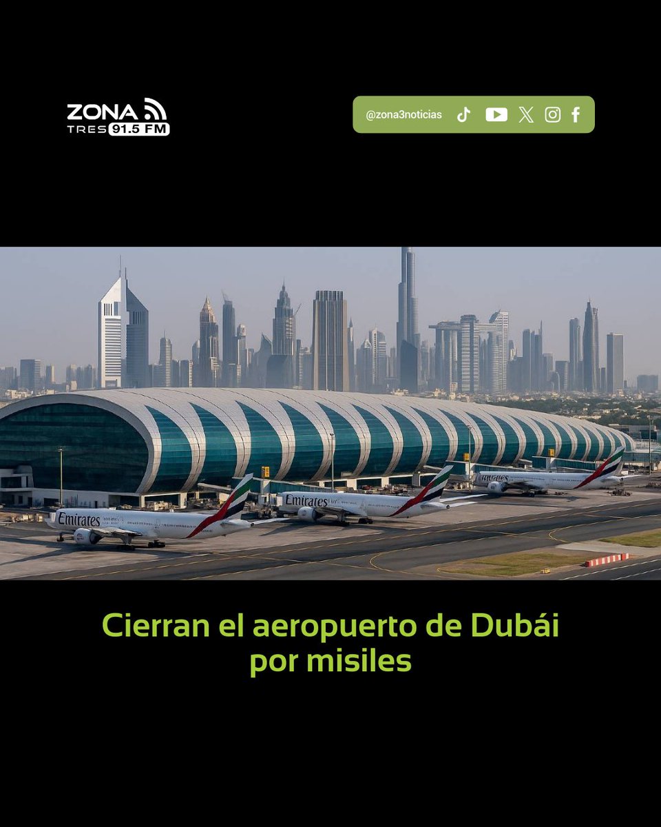 zona3noticias's tweet photo. #ZonaInternacional | ⚠️🌏 Suspenden vuelos en Dubái por tensión regional

El Aeropuerto Internacional de Dubái detuvo todas sus operaciones por el paso de misiles balísticos de Irán, en el contexto de ataques atribuidos a Estados Unidos e Israel 🛰️.

Cientos de vuelos quedaron cancelados, entre ellos los de Emirates, Etihad Airways, Qatar Airways y Lufthansa ✈️. Autoridades informaron explosiones en el Golfo y una víctima en Abu Dhabi 🧭