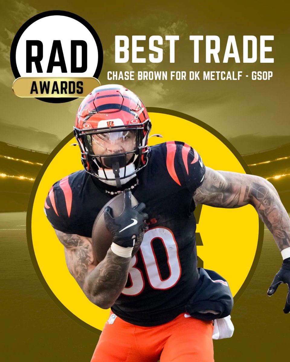 TheRadLeagueX's tweet photo. 🏆 WINNER: It’s @GSOP2019’s world and we’re just living in it. 28.9 points in the semis and 26.1 points in the Bowl from Chase Brown. All for the price of DK Metcalf who thought you get points in app for physical altercations with fans. Congrats on the best trade, @GSOP2019. https://t.co/sI4tk1TRWi