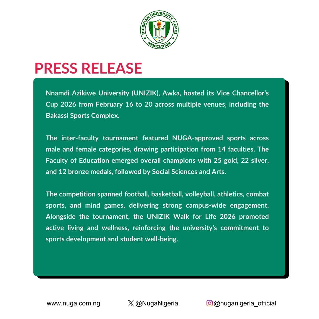 NUGANigeria's tweet photo. ποΈ UNIZIK hosts VC Cup 2026
Education emerges overall winner π
14 faculties compete across multiple sports + Walk for Life initiative
#NUGA #NUGAUpdates https://t.co/N94shnkaoE