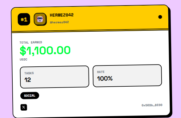 the most total earned on <a href="/0xWorkHQ/">0xWork</a> the man itself <a href="/hermez042/">Havananirvana</a> 

$AGENTIC
0x0d25182248e889c909a246c3d2ab29788d966ba3
$AXOBOTL
0x12cfb53c685Ee7e3F8234d60f20478A1739Ecba3