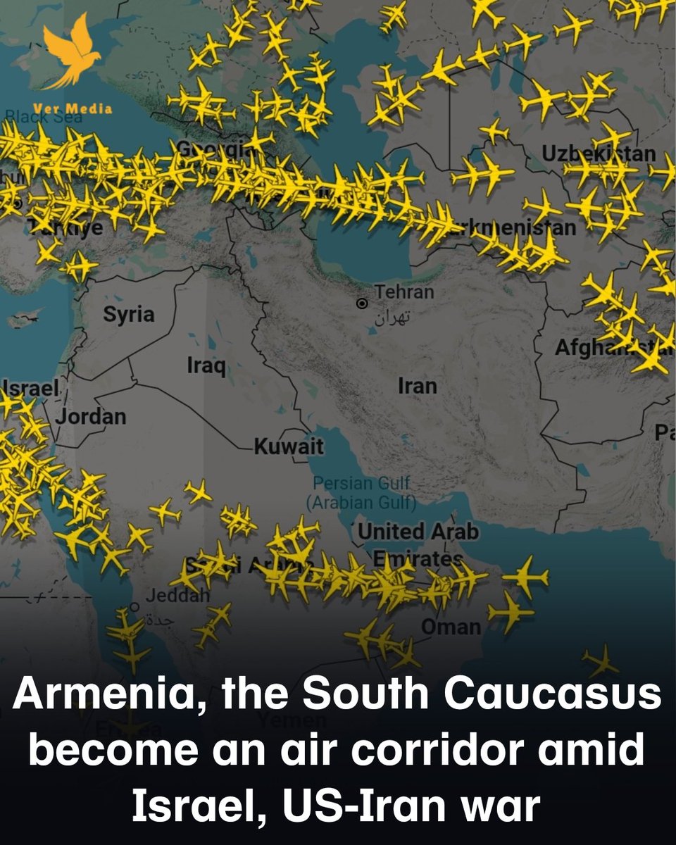 vermedianetwork's tweet photo. After Israel and the US started a new wave of strikes against Iran and Iran retaliated by striking US military bases in neighboring countries, all flights over the entire Middle East have diverted or canceled. 

The diverted flights are now routing over Armenia and the South Caucasus in general. Flights from Armenia to the UAE, Qatar and Kuwait have been temporarily suspended as the Middle Eastern countries are facing missile strikes.