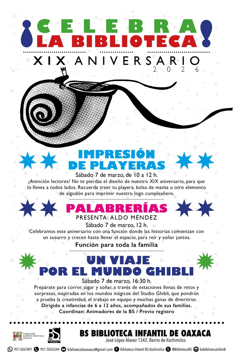 BibliotecaBS's tweet photo. ¡Celebremos el XIX Aniversario de la #BSxochimilco! Te invitamos a participar en nuestro programa cumpleañero el próximo sábado, 7 de marzo. Tendremos impresión de playeras, palabrerías, y un viaje por el mundo Ghibli.

#RedBS #BibliotecaInfantilBS
@FundacionAHHO #FAHHporMéxico https://t.co/zsverRn7TX