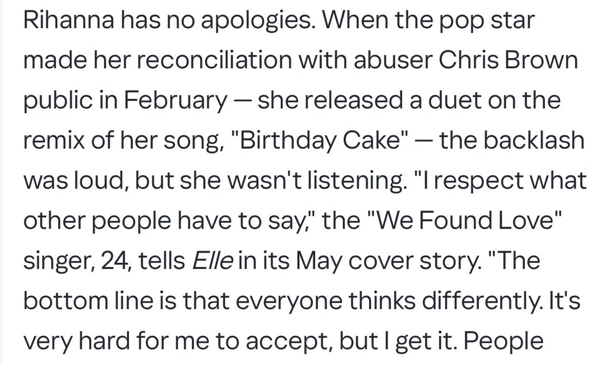 this is irrelevant. a year after this, rihanna said she respects the opinions of people who didn’t support her being with him. she has made it 100% clear that forgiveness was for her own healing, and people do not have to agree with her.