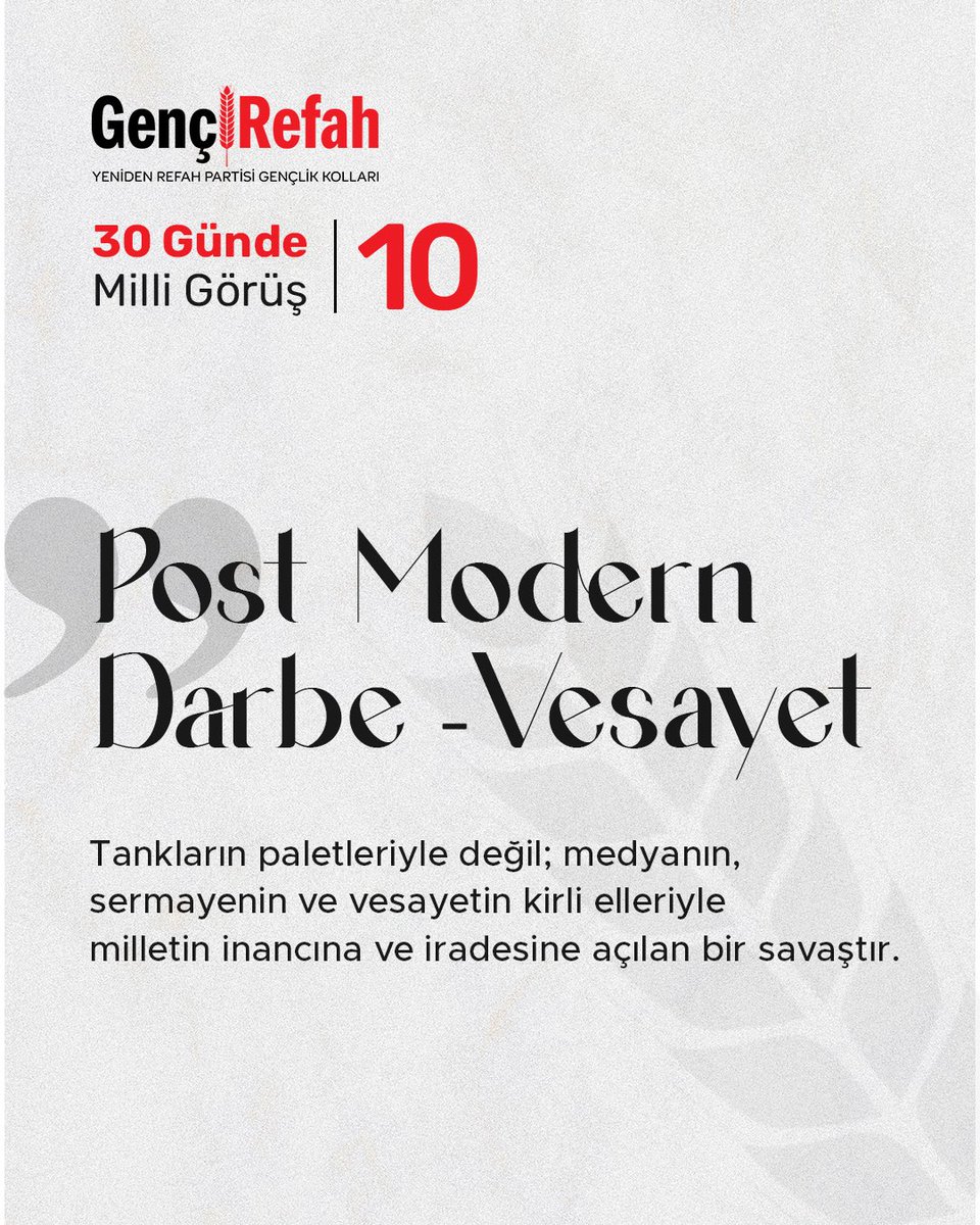 #30GündeMilliGörüş | 10

👉 Post-Modern Darbe

Tankların paletleriyle değil; medyanın, sermayenin ve vesayetin kirli elleriyle milletin inancına ve iradesine açılan bir savaştır.