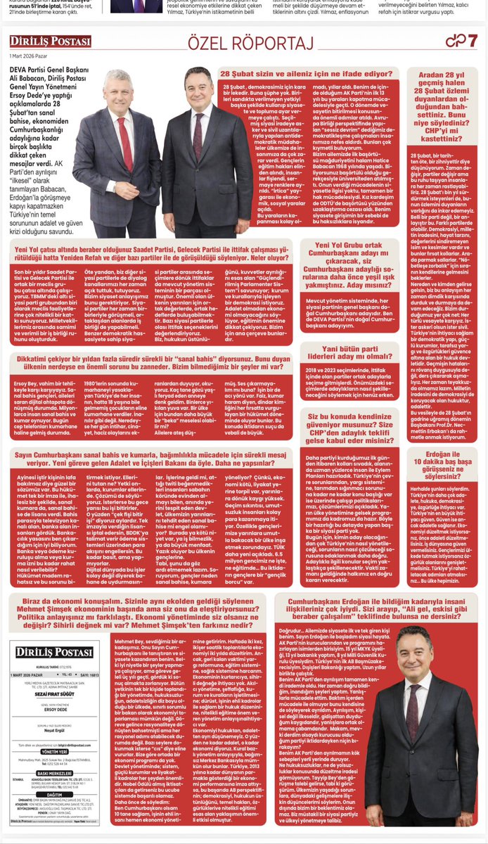 dirilispostasi's tweet photo. ALİ BABACAN DİRİLİŞ POSTASINA KONUŞTU

“ERDOĞAN İSTERSE GÖRÜŞÜRÜM”  ALİ BABACAN: AK PARTİ’DEN AYRILIĞIM KİŞİSEL DEĞİLDİ

DEVA Partisi Genel Başkanı Ali Babacan, Diriliş Postası Genel Yayın Yönetmeni Ersoy Dede’nin sorularını yanıtladı. AK Parti’den ayrılışının makam ya da kişisel kırgınlık değil, ilke ve sistem meselesi olduğunu belirten Babacan, “Hukuksuzluklar ve yolsuzluklar konusunda düzeltme iradesi görmedim” dedi.
Cumhurbaşkanı Erdoğan’dan bir görüşme talebi gelmesi halinde kapıyı kapatmadığını ifade eden Babacan, “Ülkenin meseleleri için elbette görüşürüm” mesajı verdi. Türkiye’nin en büyük ihtiyacının ise adalet ve güven olduğunu vurguladı.  İŞTE ALİ BABACAN’IN AÇIKLAMALARI  “28 ŞUBAT’IN RUHU FIRSAT KOLLUYOR”
28 Şubat sürecini “demokrasimizin kara lekesi” olarak niteleyen Babacan, seçilmiş iradeye yönelik müdahalelerin ülkeye ağır bedeller ödettiğini söyledi. Başörtüsü mağduriyetini aile üzerinden örnekleyen Babacan, 28 Şubat’ın yalnızca geçmişte kalmış bir tarih olmadığını belirterek şu ifadeyi kullandı: “28 Şubat bir tarihten öte bir zihniyettir. Bu ruhu taşıyanlara her dönemde rastlamak mümkün.”Babacan, herhangi bir partiyi işaret etmeden, “Nöbetleşe zorbalık için fırsat kollayan anlayışlara karşı her zaman dimdik durduk” dedi.
“BEN DEVA’NIN DOĞAL CUMHURBAŞKANI ADAYIYIM”
Cumhurbaşkanlığı adaylığı sorusuna net yanıt veren Babacan, mevcut sistemde genel başkanların doğal aday olduğunu belirterek, “Ben de DEVA Partisi’nin doğal Cumhurbaşkanı adayıyım” dedi. Ortak adaylık tartışmaları için ise “Henüz erken” ifadesini kullandı. 
EKONOMİDE SERT ELEŞTİRİ: “ORTADA PROGRAM YOK”
Ekonomi yönetimine ilişkin değerlendirmesinde Mehmet Şimşek’i şahsen sevdiğini belirten Babacan, ancak sonuç alınamadığını söyledi:
“Üç yıl geçti, ortada bir ekonomi programı yok.”Babacan, sorunun isimlerden değil sistemden kaynaklandığını savundu: “Bütün yetkinin tek kişide toplandığı bir yapıda ekonomiyi toparlamak mümkün değil.” “Ne kadar adalet, o kadar ekonomi” diyen Babacan, hukukun üstünlüğü olmadan ekonomik güvenin sağlanamayacağını ifade etti.
“TÜRKİYE’NİN EN BÜYÜK İHTİYACI GÜVEN”
Türkiye’nin ateş çemberinde olduğunu belirten Babacan, savunma sanayiindeki gelişmeleri olumlu bulduğunu söyledi. Avrupa Birliği’nin stratejik önemine dikkat çeken Babacan, “Türkiye ve Avrupa’nın birbirine ihtiyacı var” ifadelerini kullandı.
Röportajın genel çerçevesinde Babacan’ın verdiği ana mesaj ise şu oldu:
“Türkiye’nin en büyük ihtiyacı güven. Güven ise ancak adaletle sağlanır.”