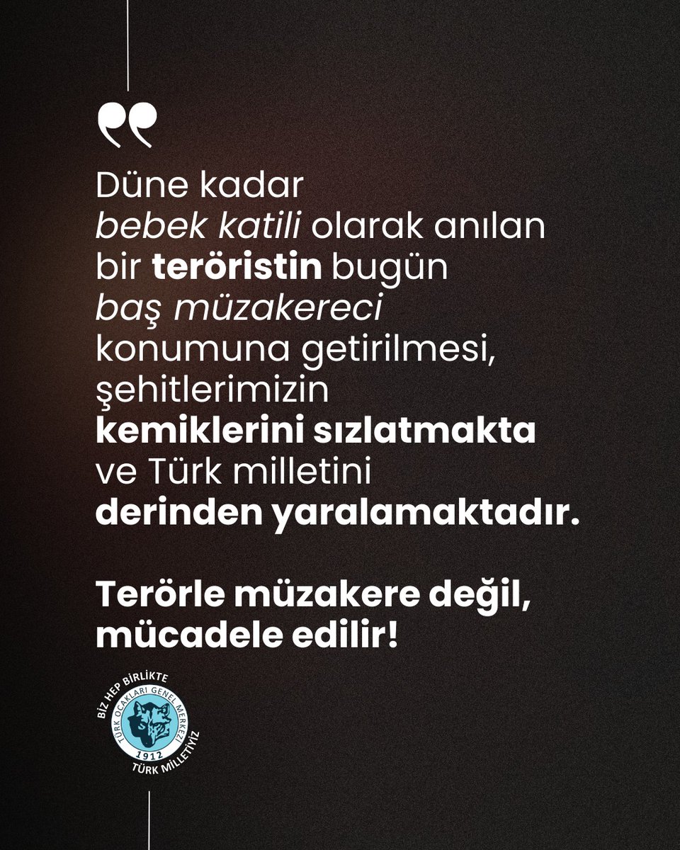 Düne kadar 'bebek katili' olarak anılan bir teröristin bugün 'baş müzakereci' konumuna getirilmesi, şehitlerimizin kemiklerini sızlatmakta ve Türk milletini derinden yaralamaktadır.

Terörle müzakere değil, mücadele edilir!