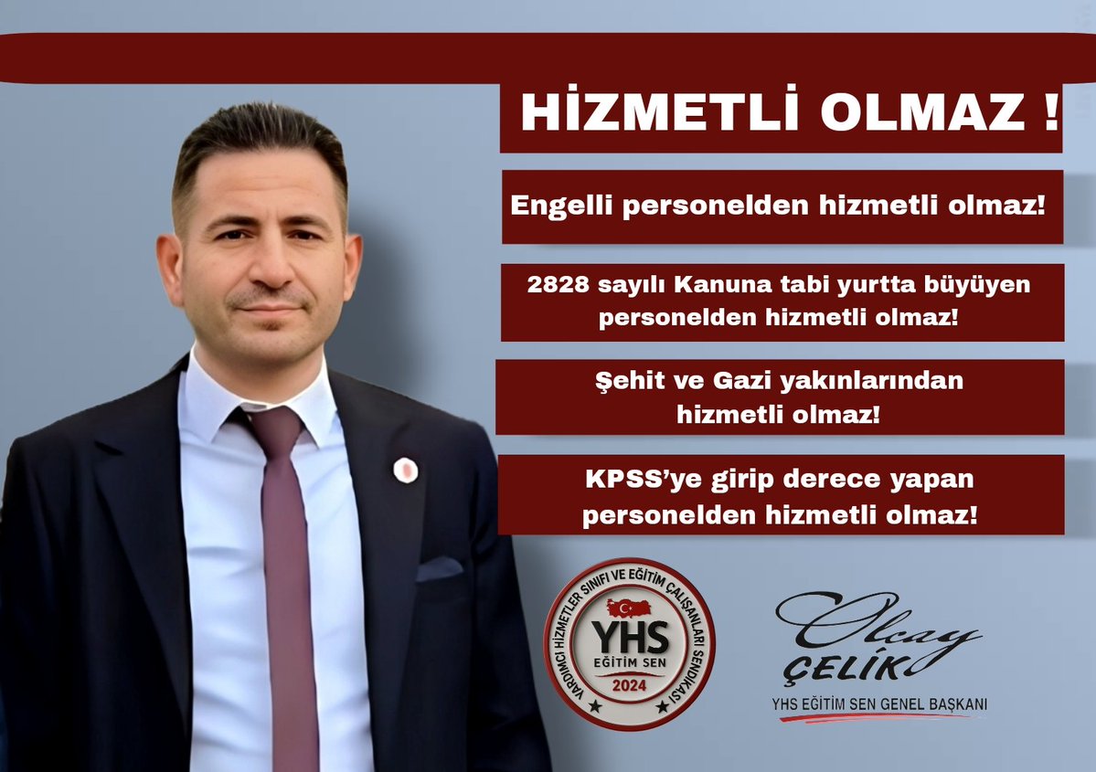 ⚠️ Engelli personelden hizmetli olmaz!
→ Anayasal hak ve insan onuruna aykırıdır.
⚠️ 2828 sayılı Kanuna tabi yurtta büyüyen personelden hizmetli olmaz!
→ Devlet korumasında yetişenler angarya iş gücü değildir.
⚠️ Şehit ve Gazi yakınlarından hizmetli olmaz!
→ Bu bir istihdam