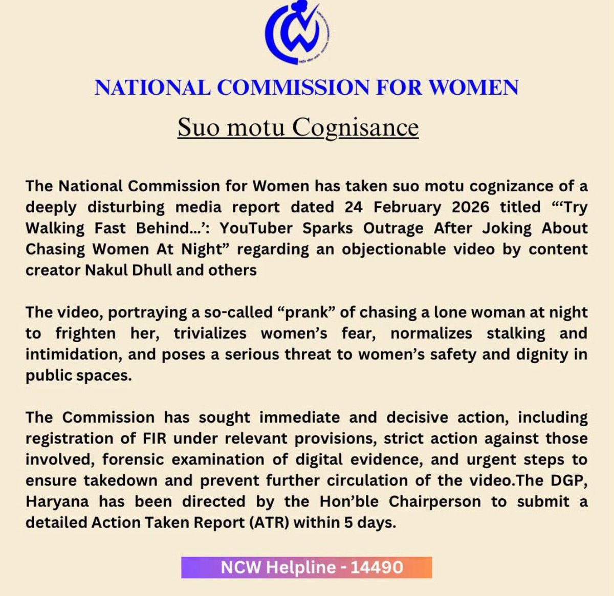 That NCW has taken suo moto cognisance and registered an FIR under ...