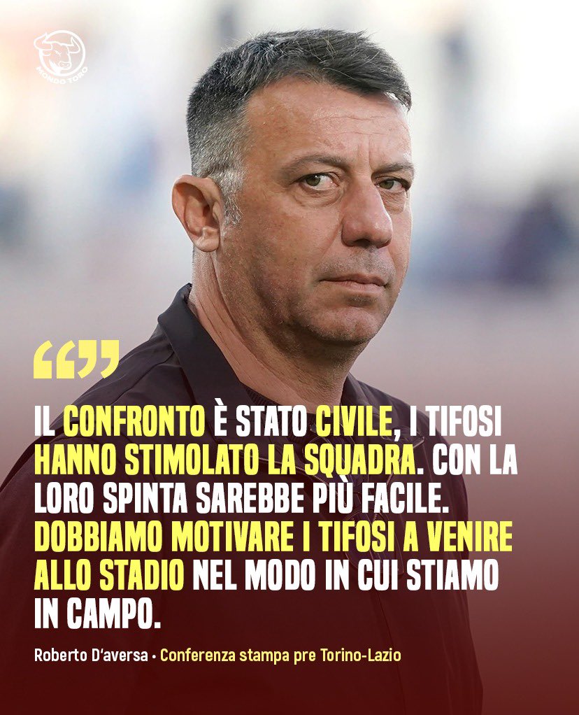 MondoToro_net's tweet image. 🎙️​ Mister Roberto #DAversa ha così parlato in conferenza stampa in vista del suo esordio di domani contro la #Lazio: “Chi non capisce il momento verrà tagliato fuori.Confronto con i tifosi? È stato civile”.

#MondoToro