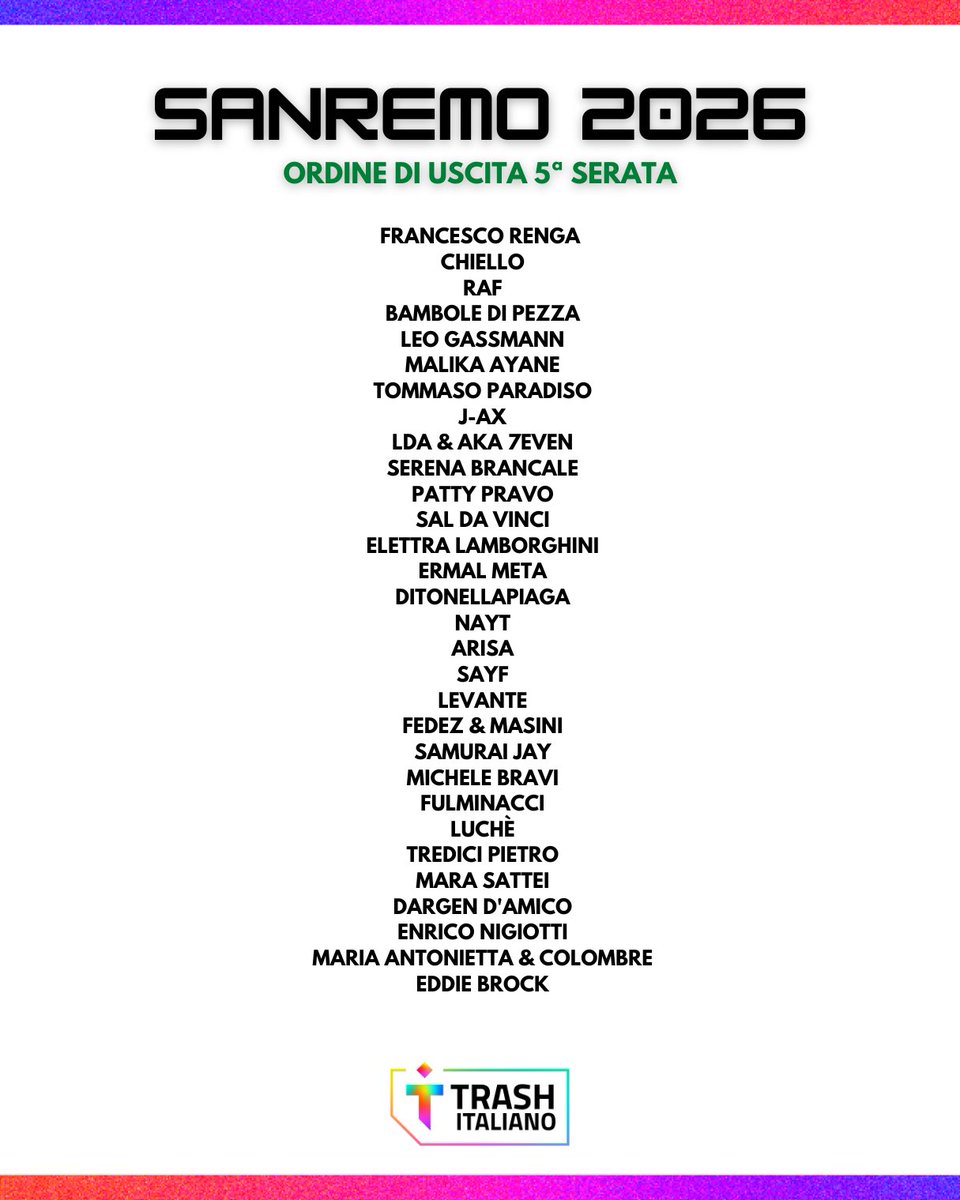 trash_italiano's tweet photo. L’ordine di uscita della quinta serata e gli ospiti. #Sanremo2026 https://t.co/0e961jes6p