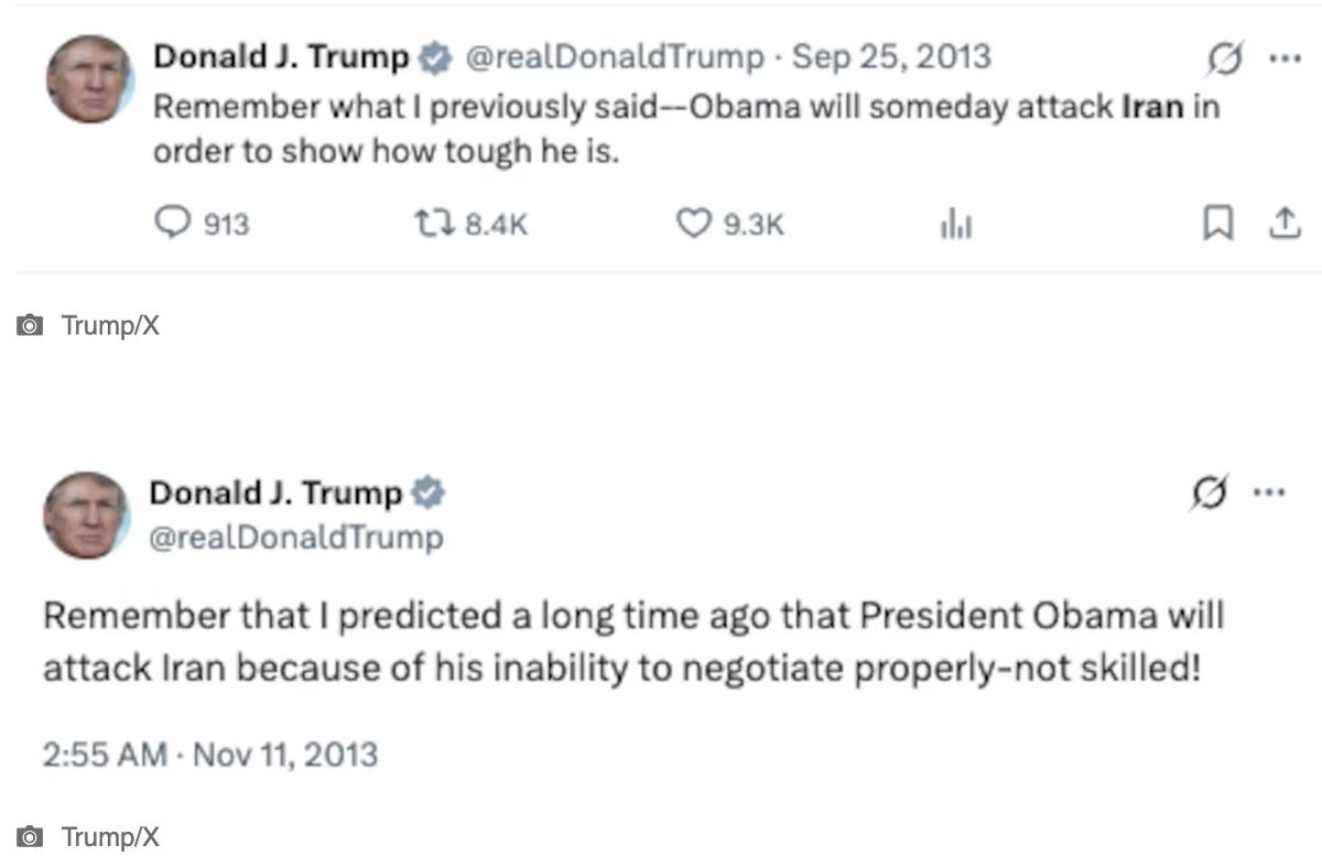 MundoFoco24's tweet photo. 🕰️ Throwback: Trump on Iran War

A resurfaced clip from November 2011 shows Donald Trump warning:

“Our president will start a war with Iran because he has absolutely no ability to negotiate.”

A related tweet from November 2013 adds:

“Remember that I predicted a long time ago that President Obama will attack Iran because of his inability to negotiate properly—not skilled!”

PS: Obama was President from 2009–2017.

📌 Headline: Trump Exposed as Hypocrite by His Own Iran War Warnings

#Iran #Trump #Obama #MiddleEast #Politics #Throwback #USPolitics #GlobalNews #BreakingNews