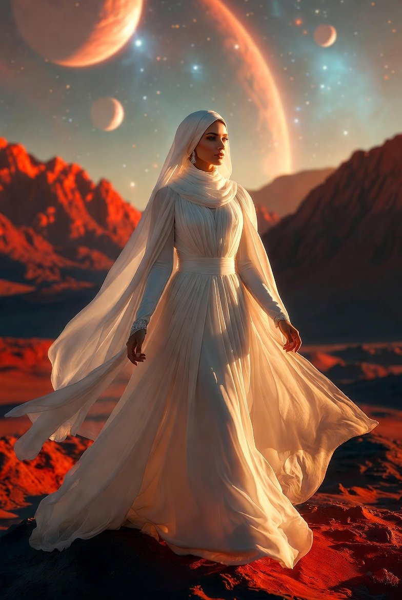 mypositiveT786's tweet image. AI-generated by Grok.

A graceful queen standing on the surface of Mars, surrounded by glowing red mountains and a dreamy cosmic sky filled with stars and distant planets. She is wearing an elegant flowing white dress that moves softly in the Martian breeze, modest and royal in