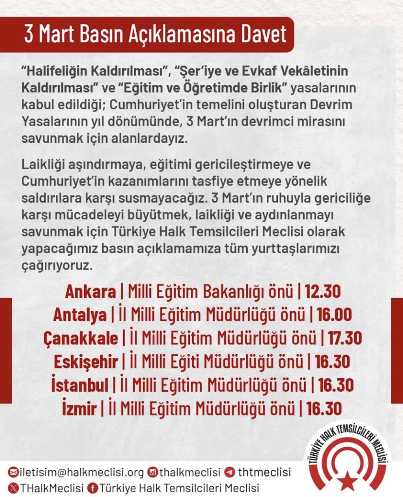 3 Mart'ın devrimci mirasını savunmak için alanlardayız.

Basın açıklamamıza kentimizdeki tüm yurttaşlarımızı çağırıyoruz:

3 Mart Salı - 16.00
Antalya İl Milli Eğitim Müdürlüğü önü

<a href="/THalkMeclisi/">Türkiye Halk Temsilcileri Meclisi</a>