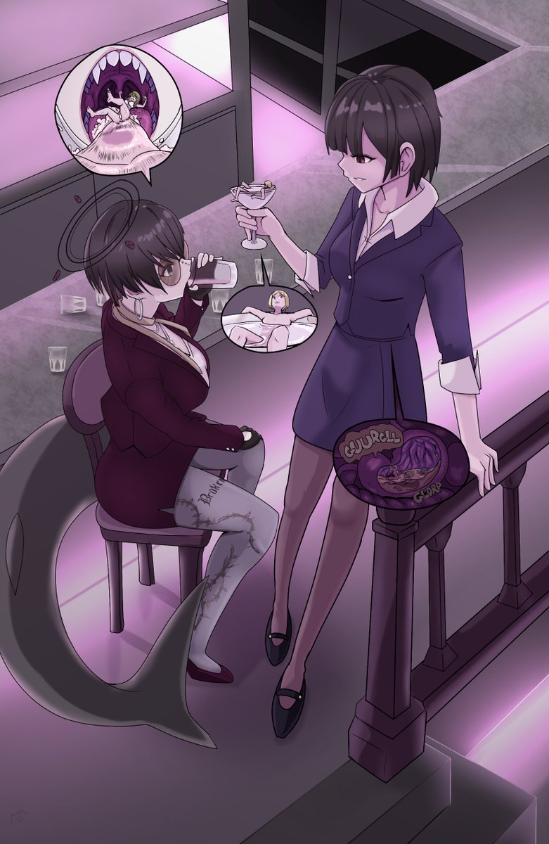 Done as a commission for <a href="/GTS_Stella/">𝕊𝕥𝕖𝕝𝕝𝕒</a>, of their OC going a few rounds after a busy day

#Sizetwitter #SizeArt #giantess #巨大娘 #vore #丸呑み