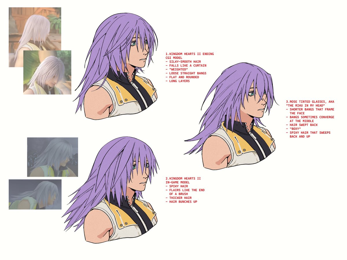 Personal notes on how I interpret Riku’s hair in my style based off of the reference used.