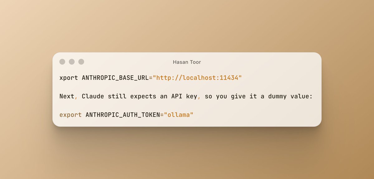 Marryclaire_AI's tweet photo. Step 3: Connect Claude to Your Computer

This step is super important. Normally, Claude talks to Anthropic’s servers, but now you’ll make it talk to your computer instead.

First, let Claude know where your computer is by setting the base URL. https://t.co/wCiuqpqmpy