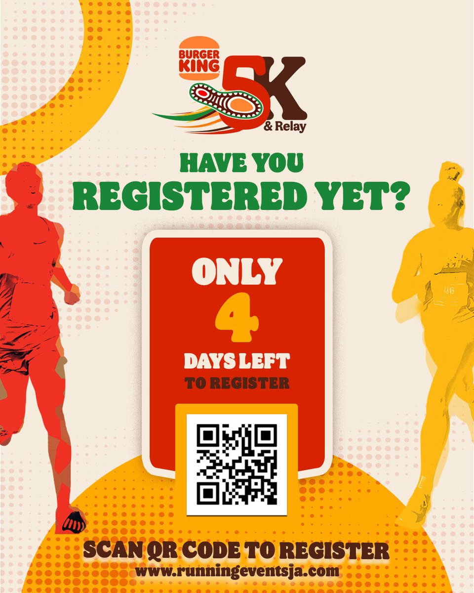 bkjamaica's tweet image. HAVE YOU REGISTERED YET? ONLY 4 DAYS LEFT ‼️to secure your spot at the BK 5K 🏃🏾‍♂️💨

📍 Emancipation Park
🗓️ Sunday, March 08 | ⏰ 6:30 AM
⏳ Deadline: Wed, March 04

Over $2M in cash &amp;amp; prizes 💰🥇

Register now: runningeventsja.com

#BKJamaica #HaveItYourWay #BK5K