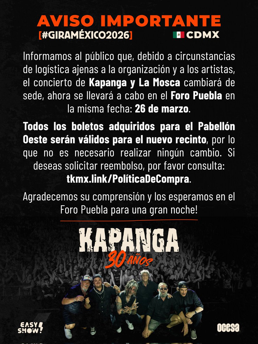 KAPANGASOK's tweet photo. 🇲🇽 ¡𝐀𝐓𝐄𝐍𝐂𝐈𝐎́𝐍 𝐌𝐄́𝐗𝐈𝐂𝐎! 🇲🇽
📆 26 de marzo - 📌 FORO PUEBLA - CDMX
Informamos al público que, debido a circunstancias de logística ajenas a la organización y a los artistas, el concierto cambiará de sede, ahora se llevará a cabo en el 𝐅𝐨𝐫𝐨 𝐏𝐮𝐞𝐛𝐥𝐚 https://t.co/4Ztn6PKbC8