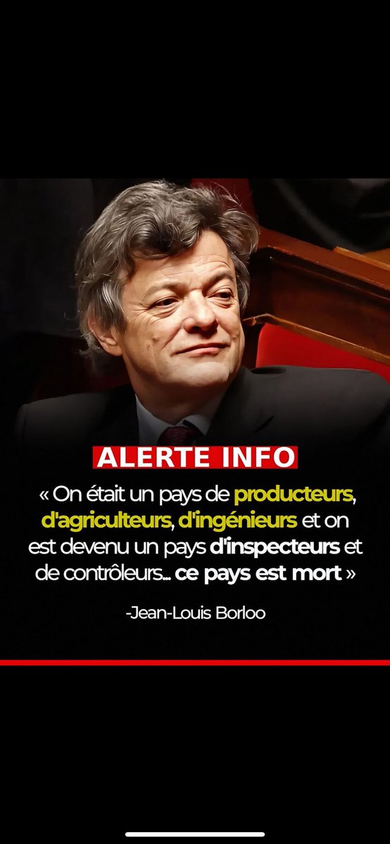 CitaroCapacityL's tweet photo. "On était un pays de Producteurs d'Agriculteurs, d'Ingénieurs...
et on est devenu un pays d'inspecteur et de contrôleurs...
ce pays est mort."
Jean-Louis #Borloo https://t.co/2qQu3sI8NW