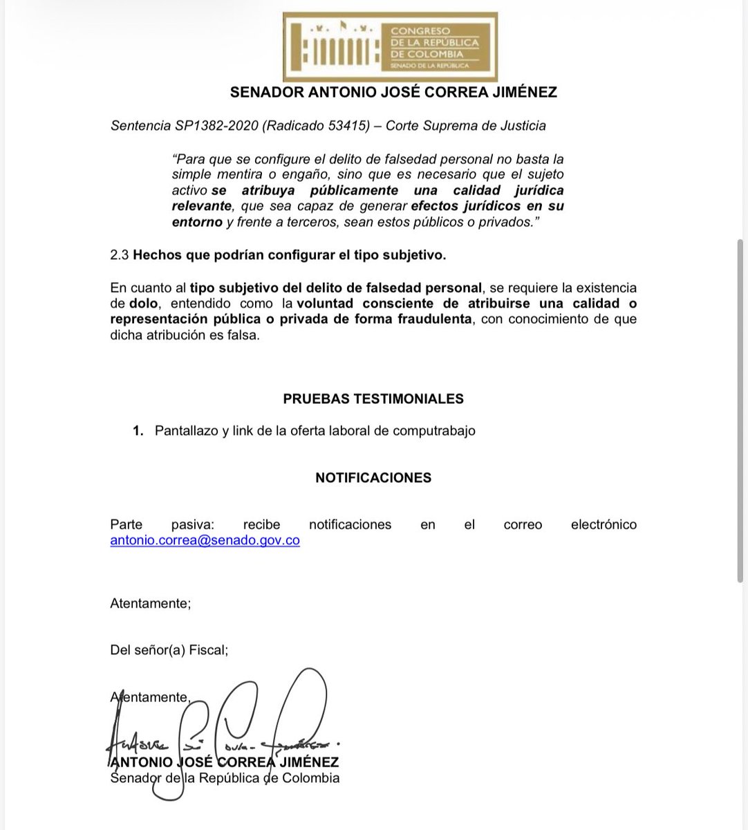 #ATENCIÓN

Denuncia ante la <a href="/FiscaliaCol/">Fiscalía Colombia</a>. Han usado el nombre de nuestra campaña al Senado para publicar una supuesta oferta laboral en plataformas digitales, sin autorización alguna.

No estamos adelantando ningún proceso de selección ni contratación en esas condiciones. Se