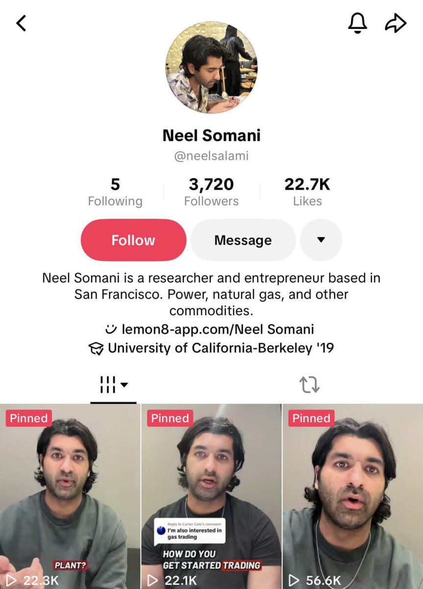 Meet Neel Somani

From CEO <a href="/EclipseFND/">Eclipse</a> to TikTok influencer

2015-2022:
> Triple major at UC Berkeley
> Worked as a quantitative researcher at Citadel

2022:
> Quit his job at Citadel and jumped into crypto
> Decided to build a project on Terra (Luna/UST)
> Raised ~$10m at a