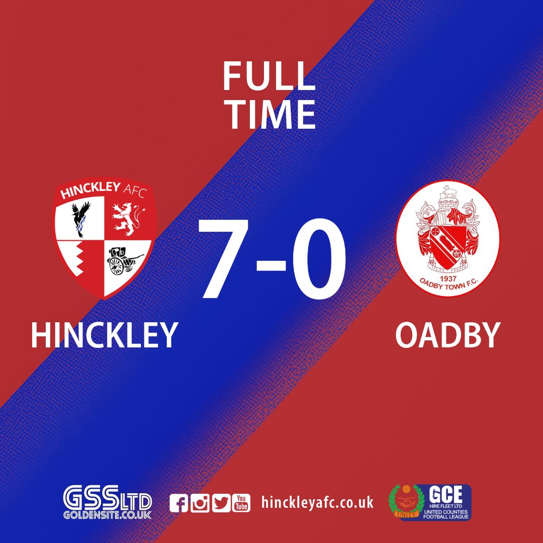 FULL TIME | An excellent display from Hinckley, particularly at the start of second half, sees us to our biggest win as a step five club - seven goals and six goalscorers seeing off Oadby. Clement grabbed two with Lock, Evans, Ogbe, Tellyn and Donzo also on the scoresheet