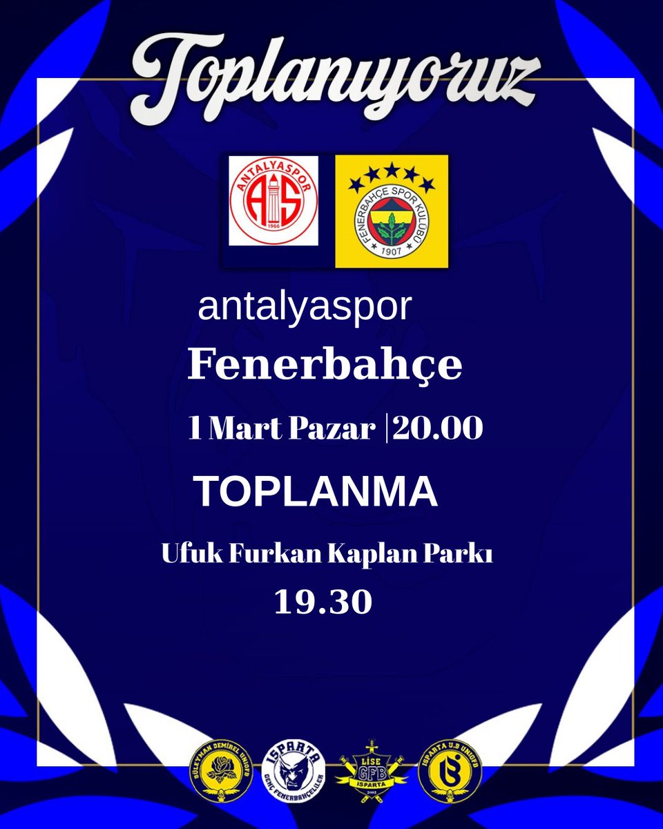 📢 TOPLANIYORUZ!

FENERBAHÇE’mizin yarın  oynayacağı antalyaspor  maçı için saat 19.30'da  Ufuk Furkan Kaplan parkında toplanıyoruz. Isparta'da olan tüm kardeşlerimizi bekliyoruz.

#spartanhools