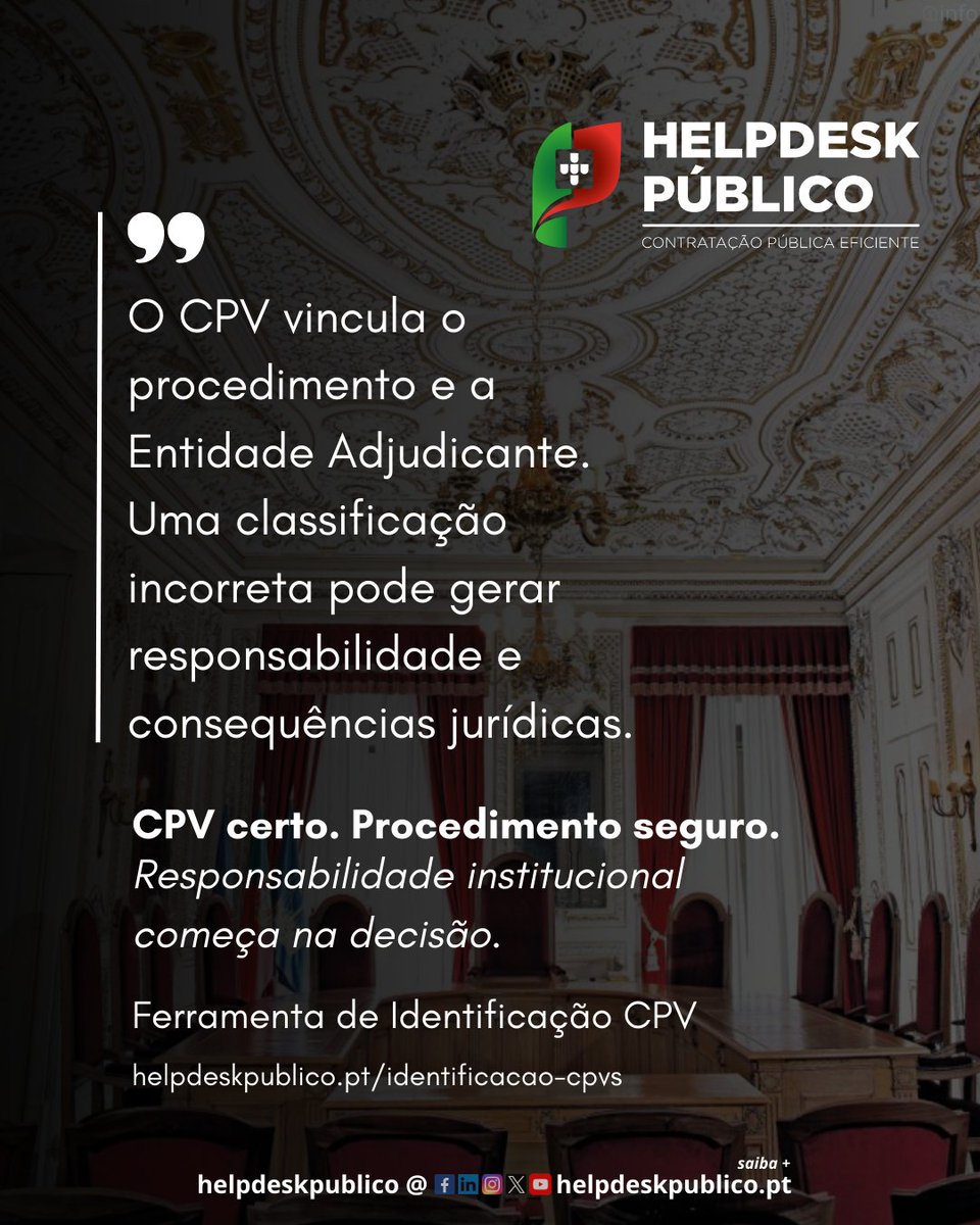 helpdeskpublico's tweet photo. O CPV vincula o procedimento e a Entidade Adjudicante.

Uma classificação incorreta pode gerar responsabilidade jurídica.

CPV certo. Procedimento seguro.

🔗 https://t.co/C5vJg1yw6z

#cpvcerto #contratacaopublica #cpv #concursospublicos #helpdeskpublico https://t.co/HUa0U99Vy7