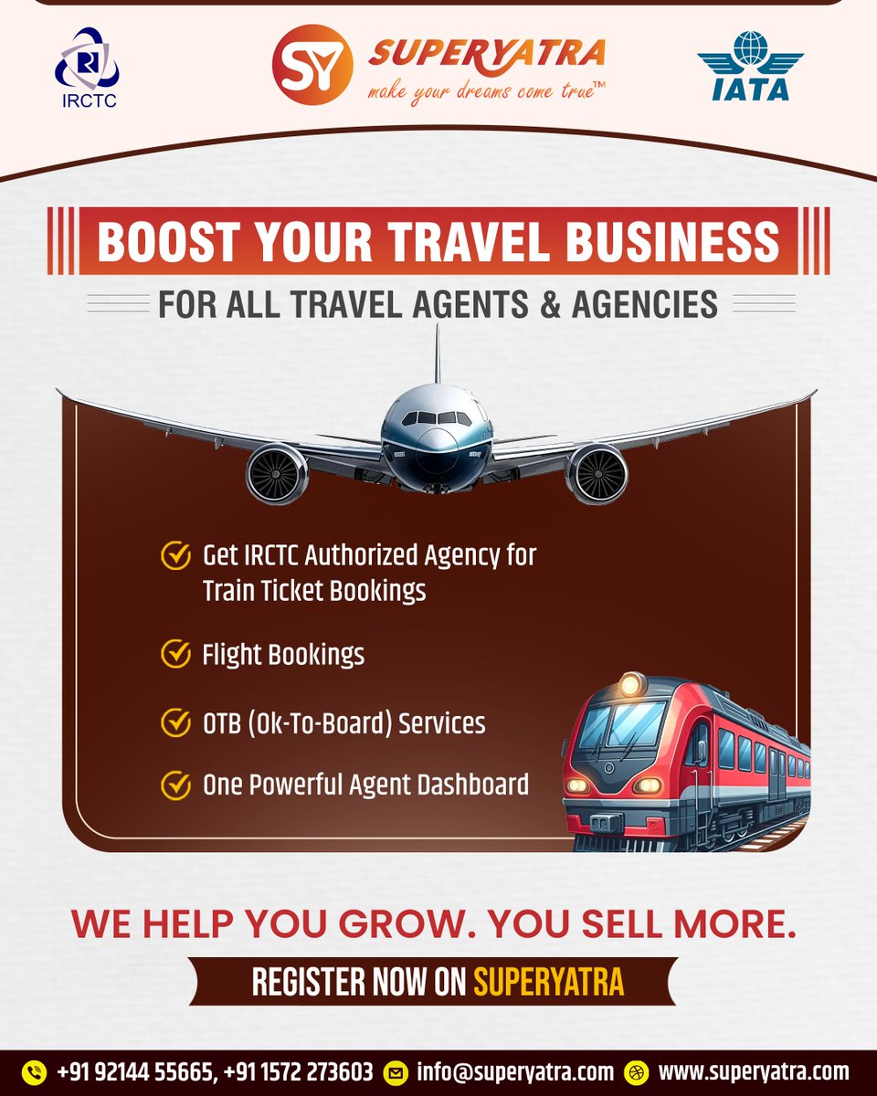 SuperYatra's tweet photo. ✈️ Boost Your Travel Business with SuperYatra! 🚆

Start earning more with powerful travel solutions designed for travel agents &amp; agencies.

Grow faster. Sell smarter. Succeed bigger.

✅ Register Now &amp; Take Your Travel Business to the Next Level

#SuperYatra #TravelBusiness https://t.co/E2JH14LCqe