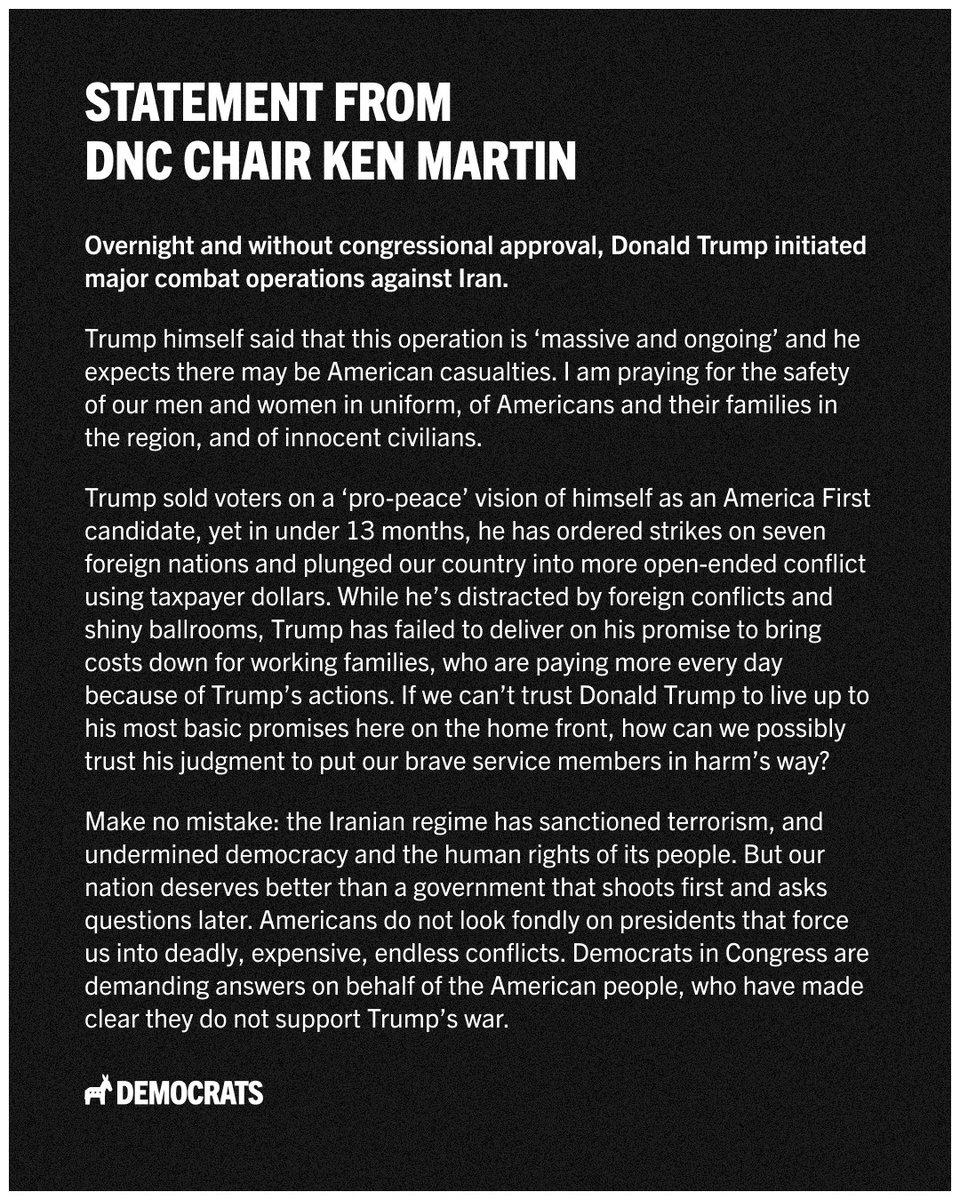 kenmartin73's tweet photo. Overnight and without Congressional approval, Donald Trump initiated major combat operations against Iran.

Read my statement below. https://t.co/qbYmZr50hP